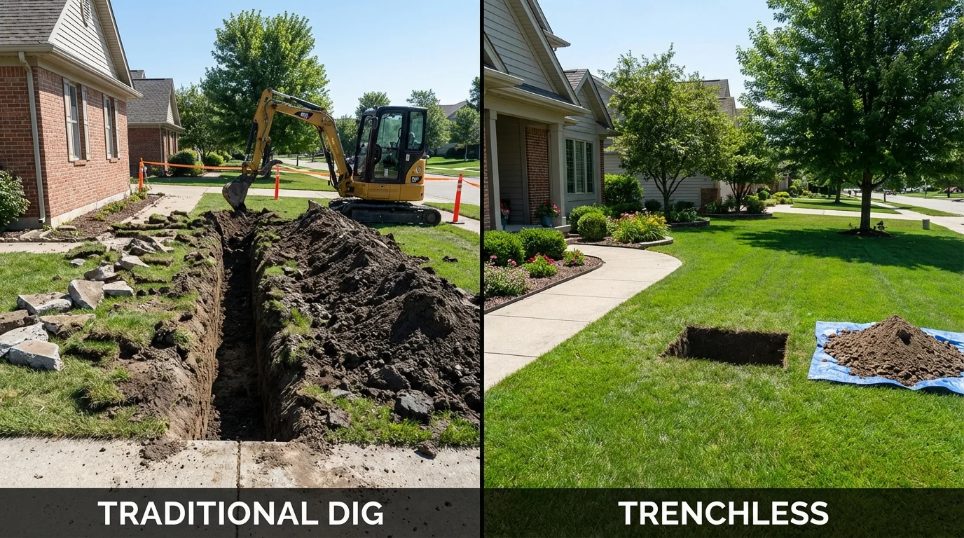 Trenchless sewer repair with minimal yard damage versus traditional excavation in Caney, KS